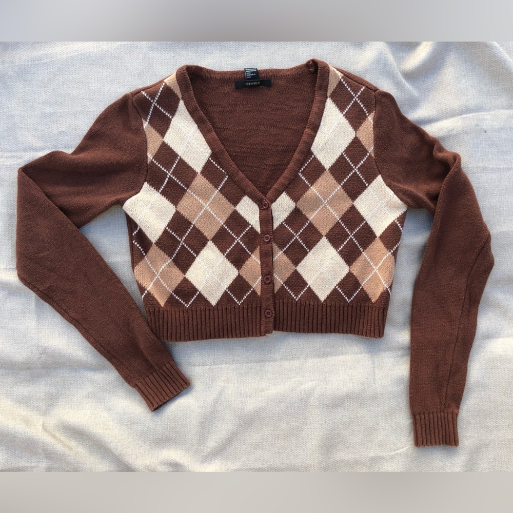 Forever 21 Cropped Cardigan Long Sleeve V-Neck Button Down Argyle Brown Size XS